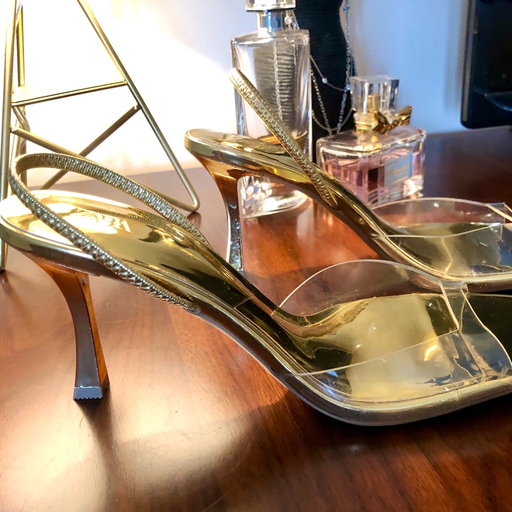 ZARA Gold Metallic Heel Sandals with Clear Strap